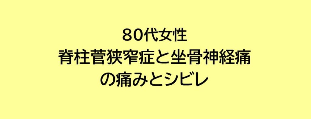 80代女性　脊柱菅狭窄症と坐骨神経痛の痛みとシビレ　改善　東大阪市

脊柱菅狭窄症の足の痺れで歩けない
坐骨神経痛によるお尻の痛み突っ張り　足の痺れ　坐骨神経痛専門整体
